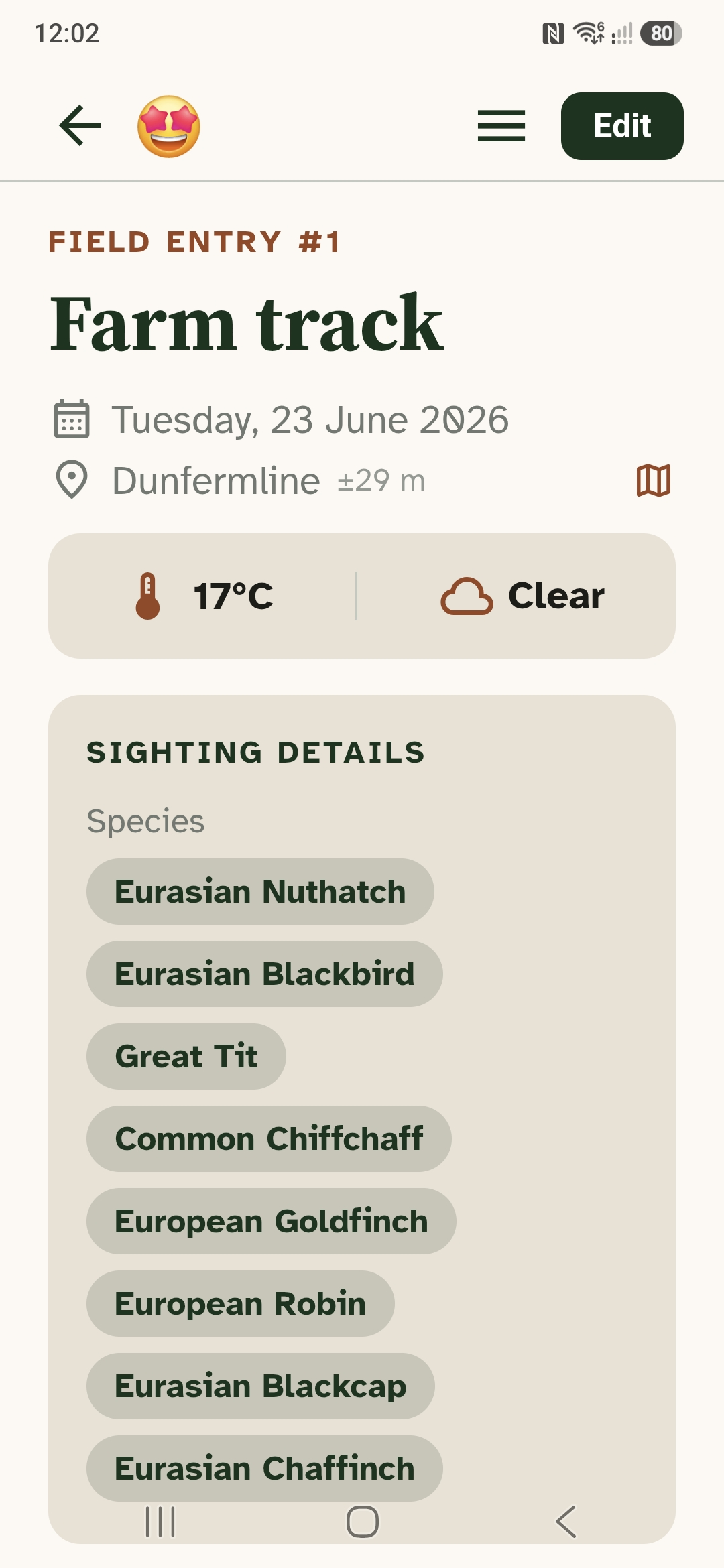 A BirdTRX field journal entry from Loch of the Lowes