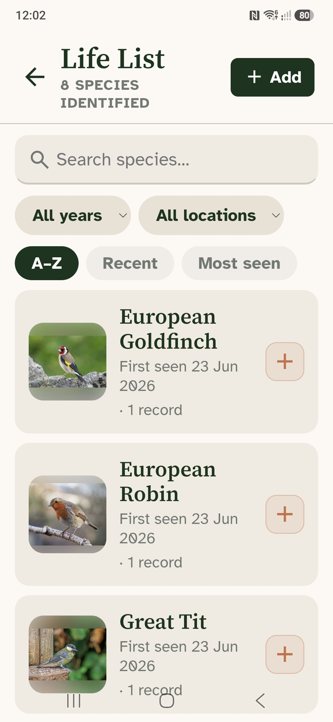 The BirdTRX life list showing identified species